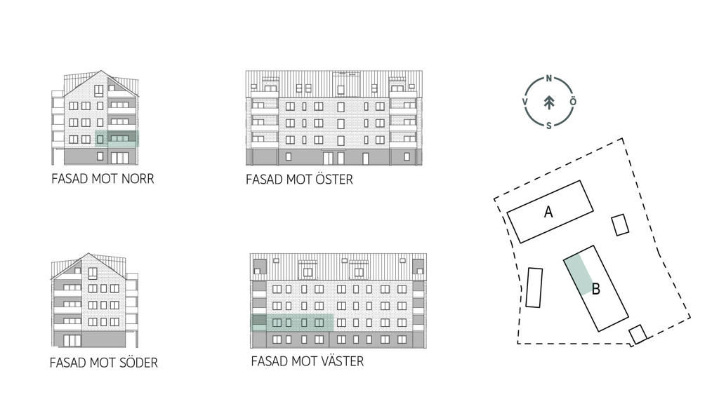 Sitplan och fasader lgh B1103 i brf. Nya Magasinet, Varberg